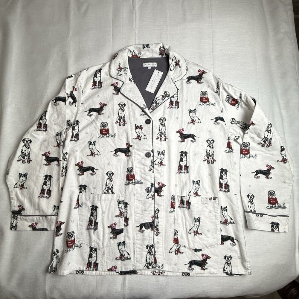 PJ Salvage Dogs In Shoes & Beanies Flannel Cotton Loungewear Pajama Top Sz L New
